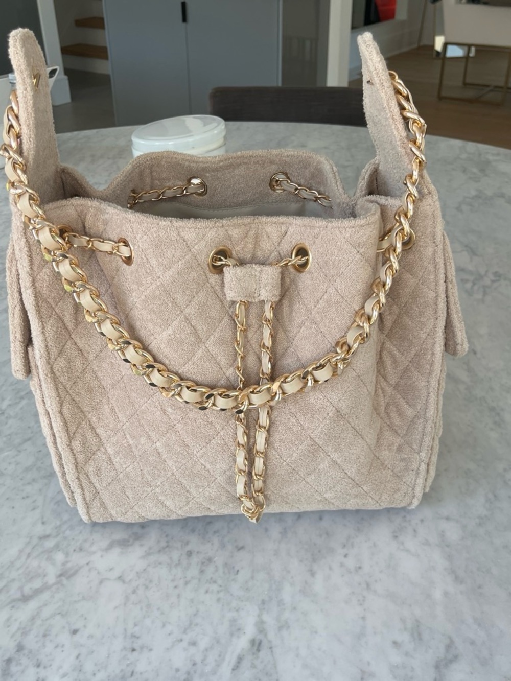 Beige Quilted Chain-Trim Drawstring Bucket Bag